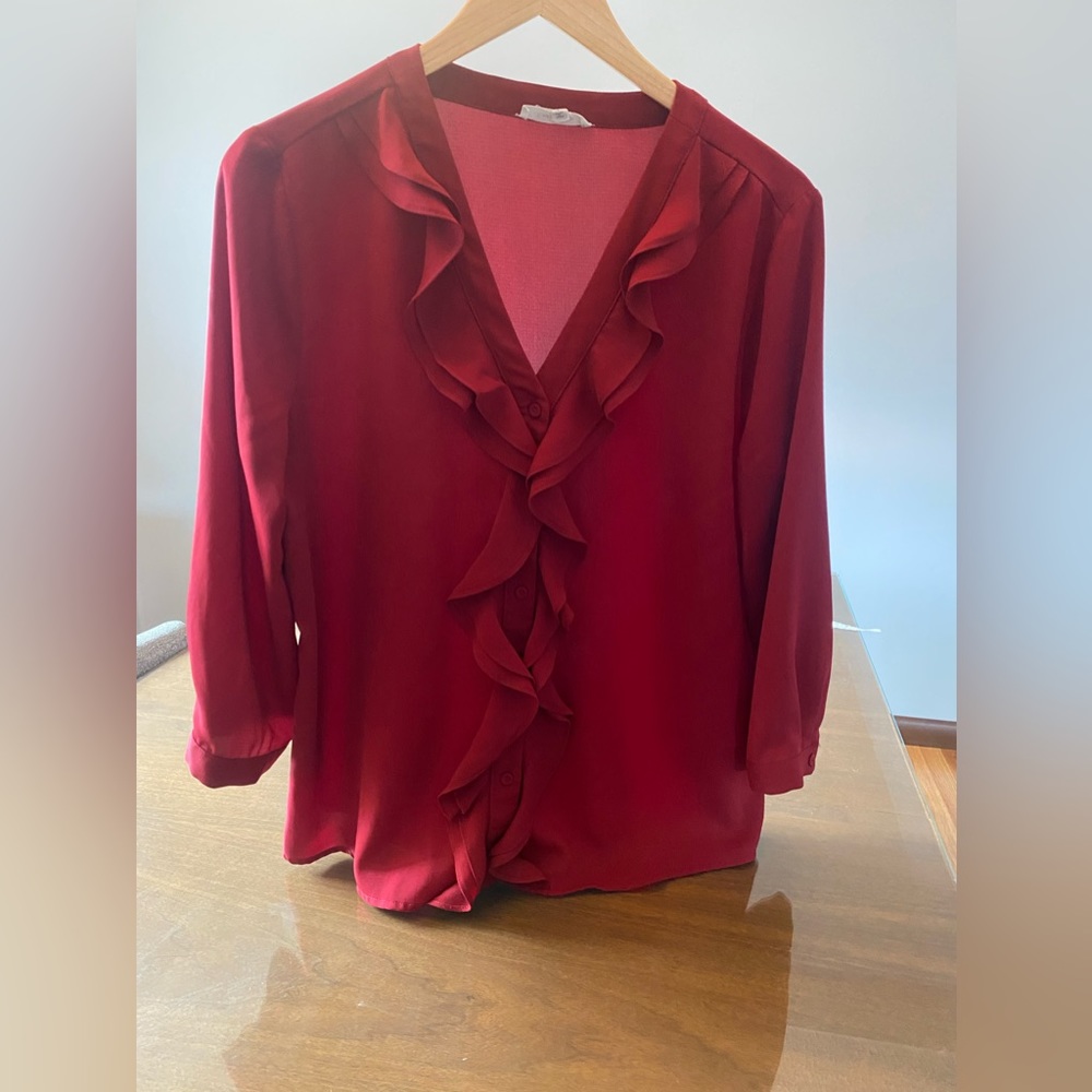 41 Hawthorn Women’s Blouse Rich Maroon Red L with Ruffles, 3/4 Sleeve V-Neck